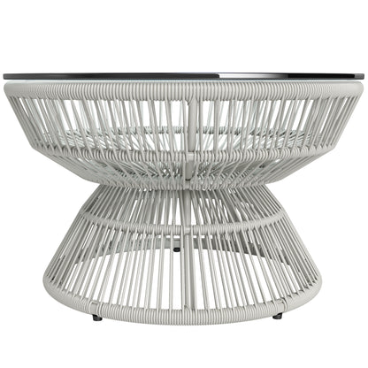 Round Garden Coffee Table, Rattan Wicker Effect Side Table with Tempered Glass Top Ø60 x 37H cm Light Grey