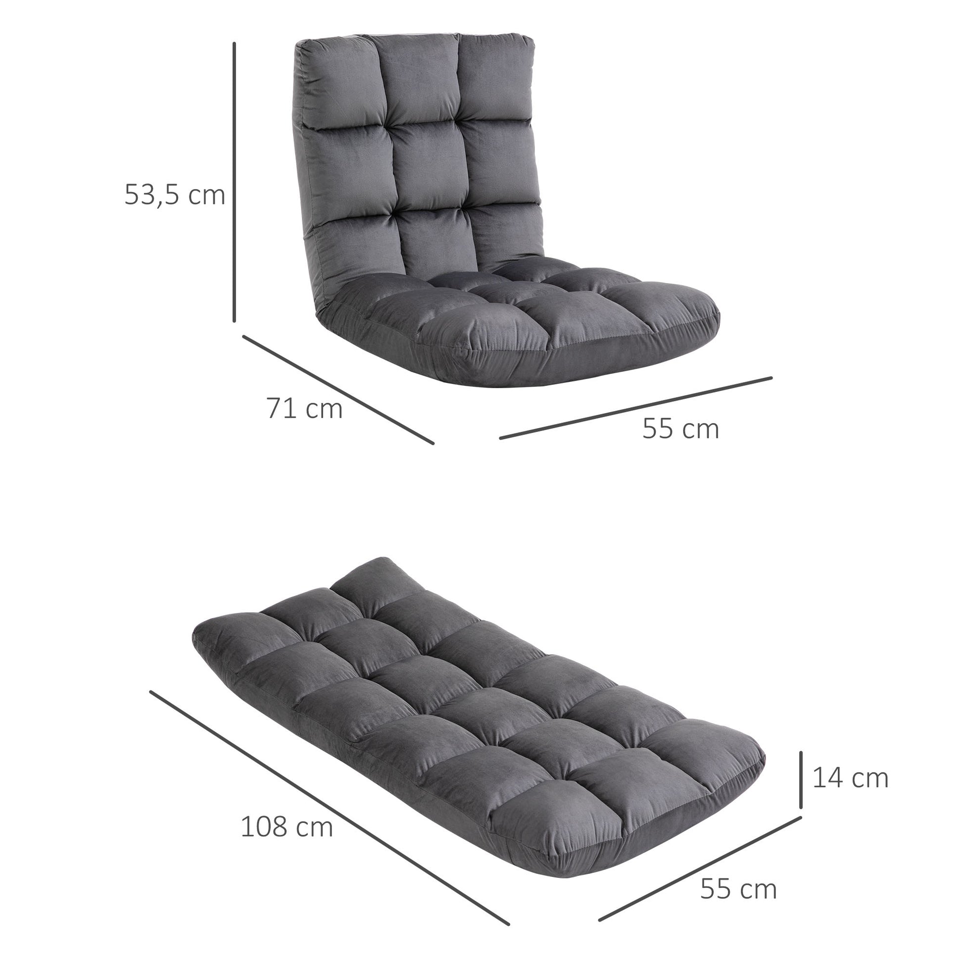 Floor Chair 3-in-1 Foldable Floor Seat with Backrest 13 Adjustable Positions Folding Recliner Seat Cushion Dark Gray Metal Foam 55 x 71 x 53.5 cm