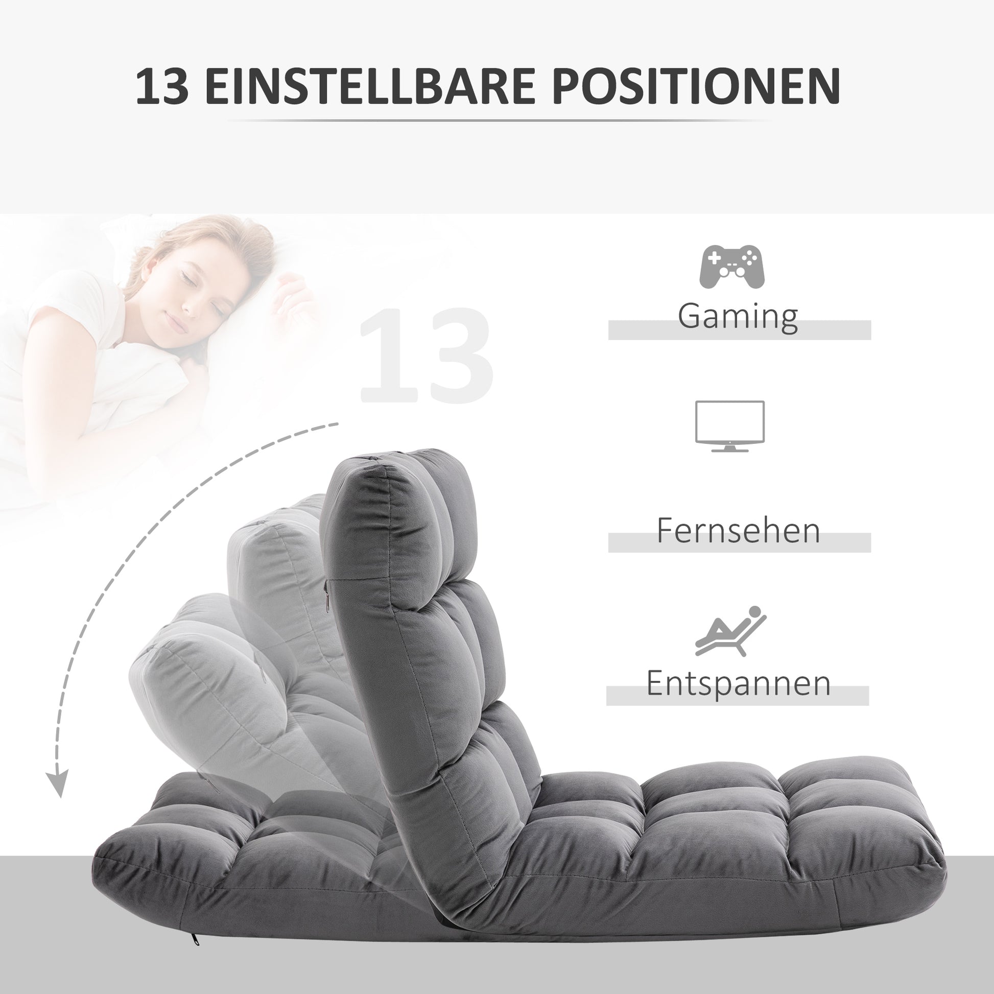 Floor Chair 3-in-1 Foldable Floor Seat with Backrest 13 Adjustable Positions Folding Recliner Seat Cushion Dark Gray Metal Foam 55 x 71 x 53.5 cm