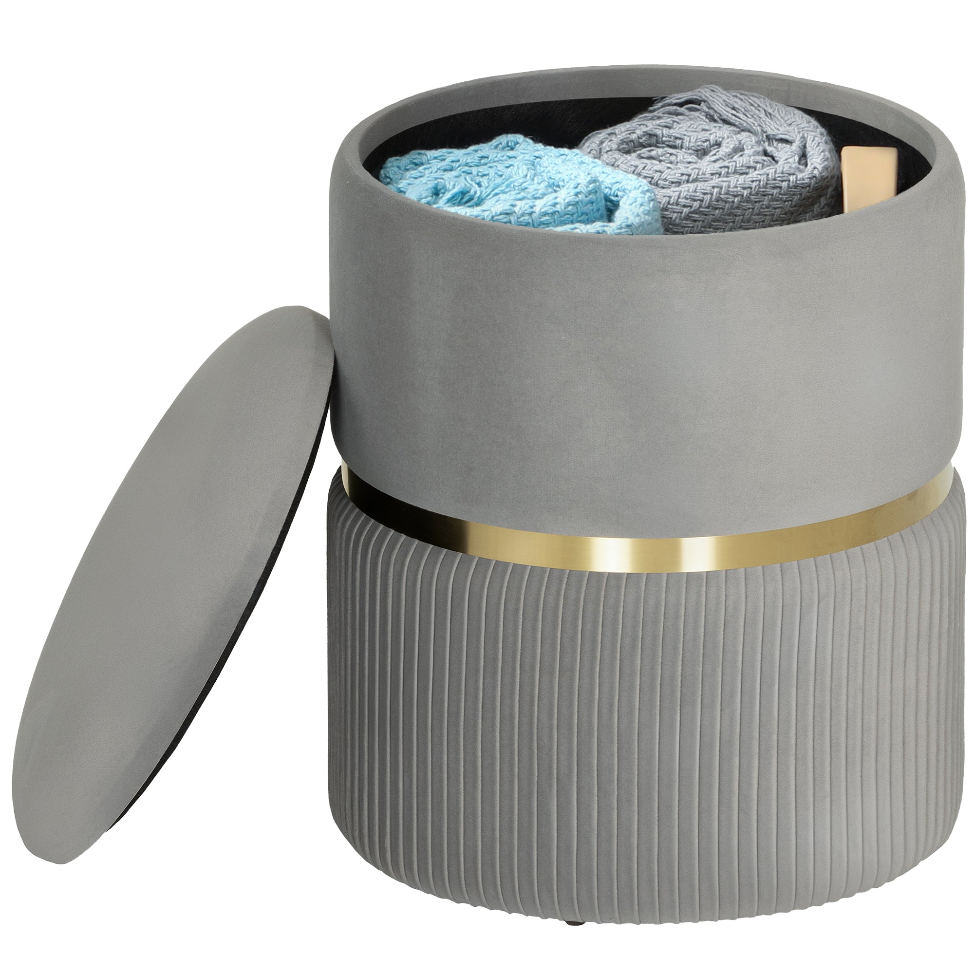 Round Velvet Storage Ottoman with Removable Lid — 14 x 14 x 17 in, Light Gray