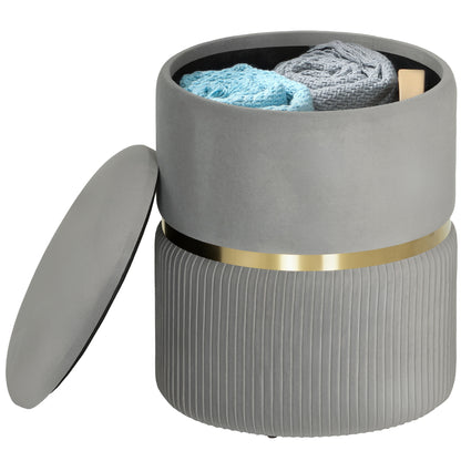 Round Velvet Storage Ottoman with Removable Lid — 14 x 14 x 17 in, Light Gray