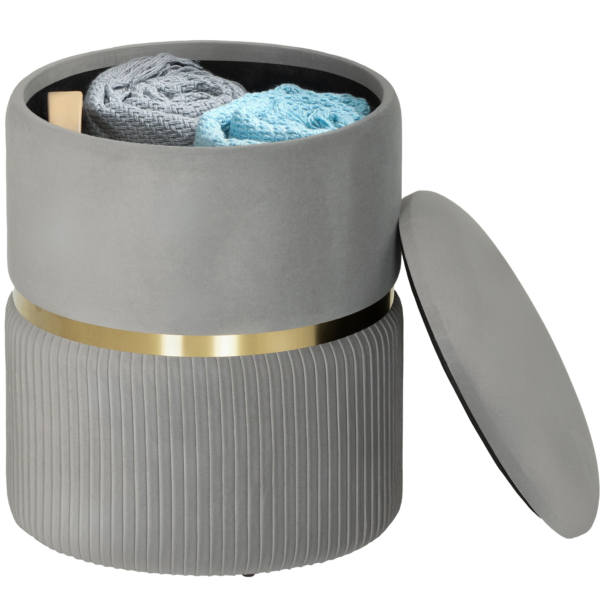 Round Velvet Storage Ottoman with Removable Lid — 14 x 14 x 17 in, Light Gray
