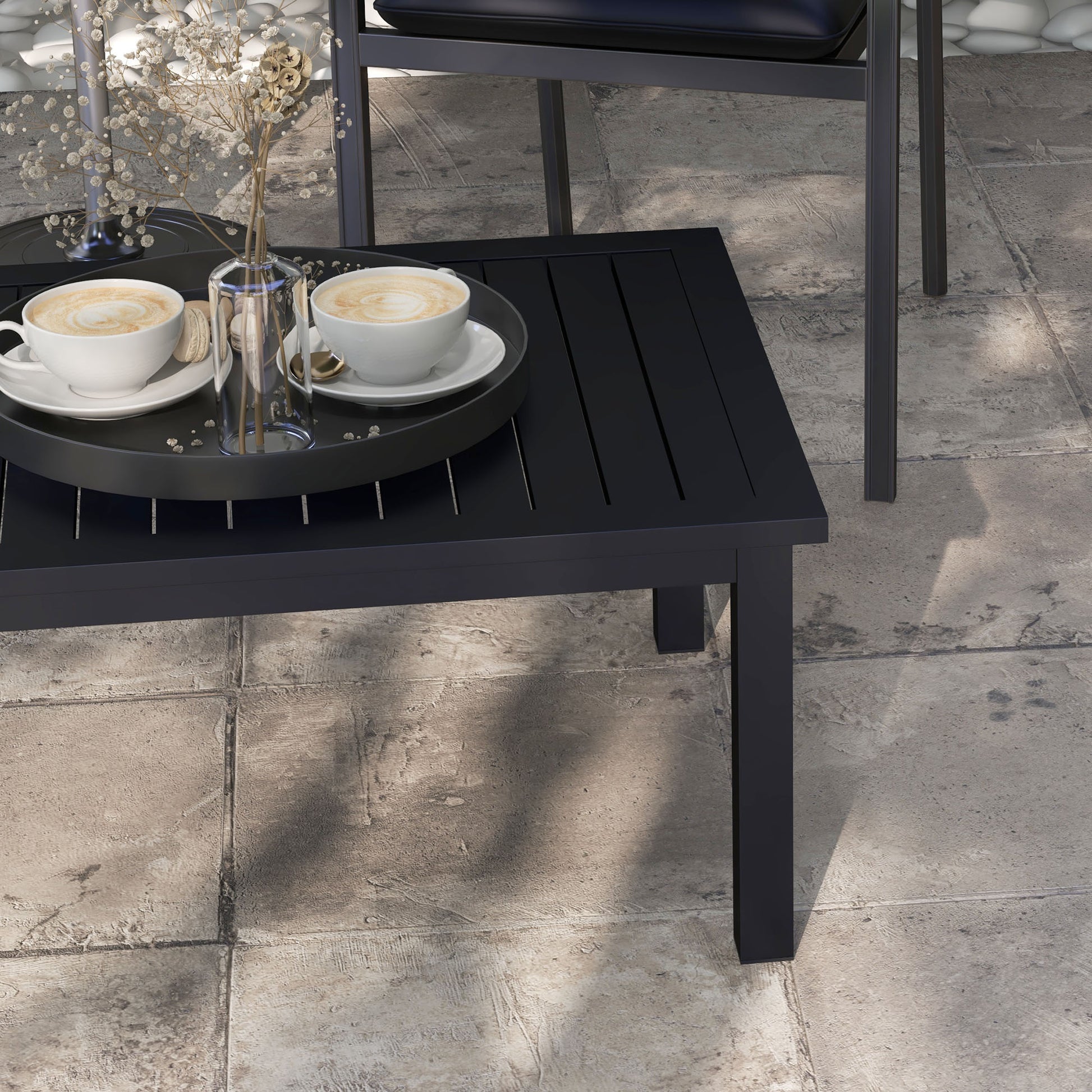 Rectangular Coffee Table Garden Table with Slatted Top for Indoor/Outdoor Use in Aluminum, dim. 100L x 60W x 37H cm, black