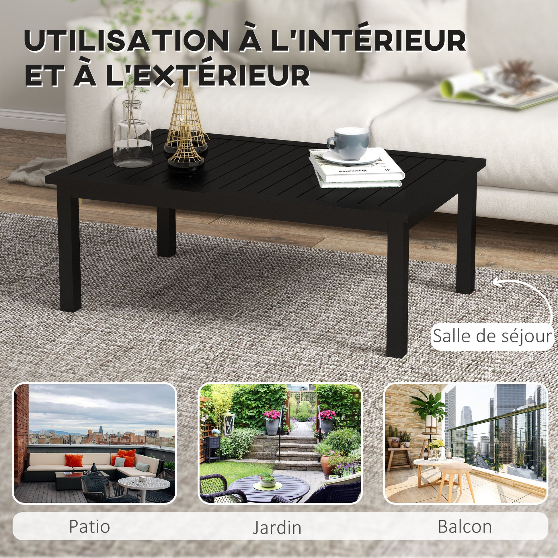 Rectangular Coffee Table Garden Table with Slatted Top for Indoor/Outdoor Use in Aluminum, dim. 100L x 60W x 37H cm, black