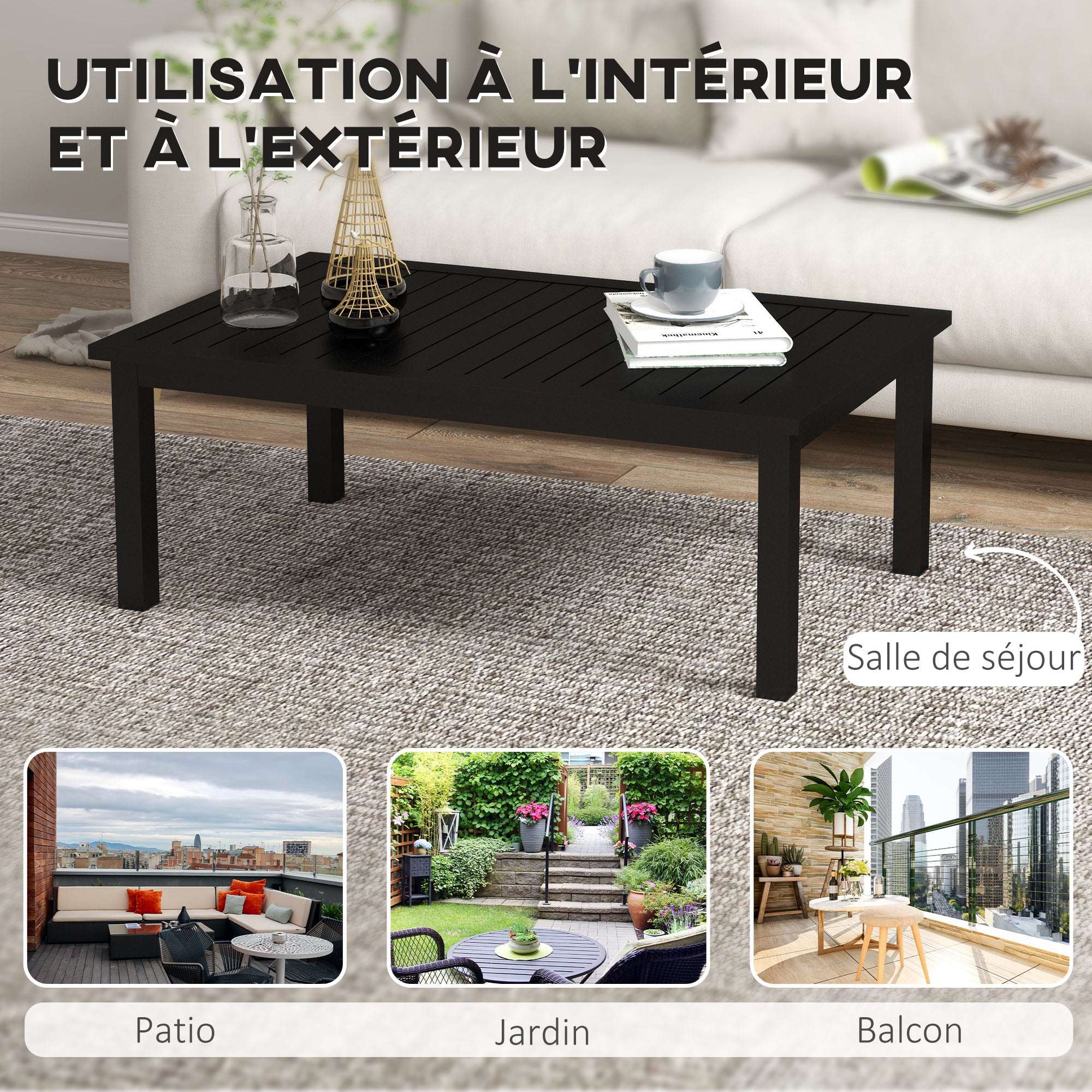 Rectangular Coffee Table Garden Table with Slatted Top for Indoor/Outdoor Use in Aluminum, dim. 100L x 60W x 37H cm, black