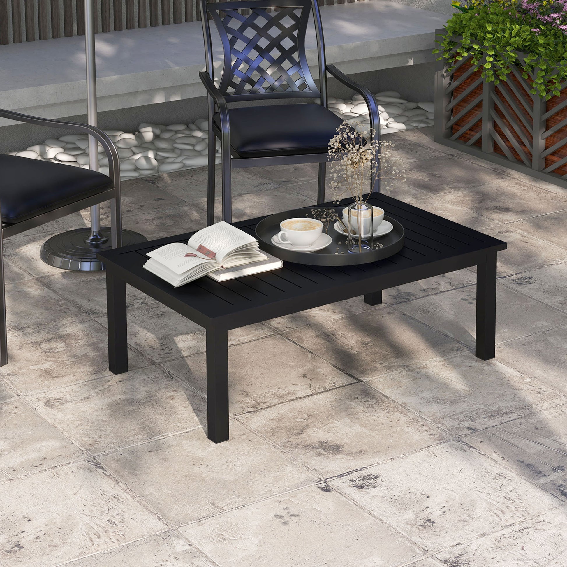 Rectangular Coffee Table Garden Table with Slatted Top for Indoor/Outdoor Use in Aluminum, dim. 100L x 60W x 37H cm, black