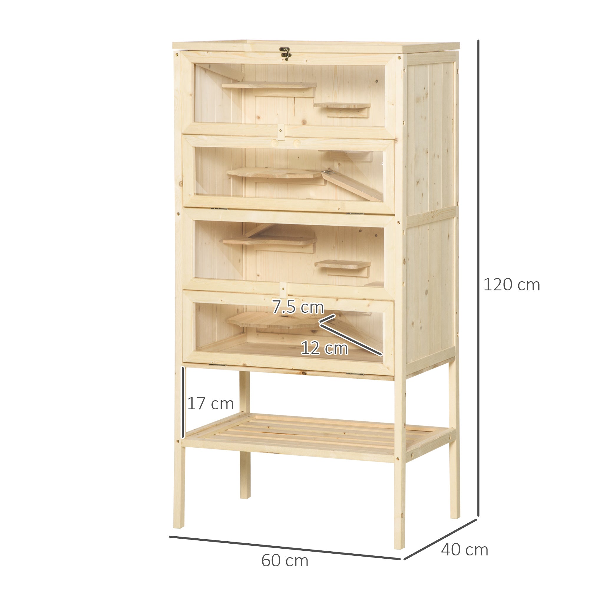 Hamster Cage made of Wood 5 Levels Rodent Terrarium Small Animal Cage with Wire Roof Ramps, Wooden Cage Mouse Cage Large Cage for Hamster Dwarf Hamster 60 x 40 x 120 cm Natural wood