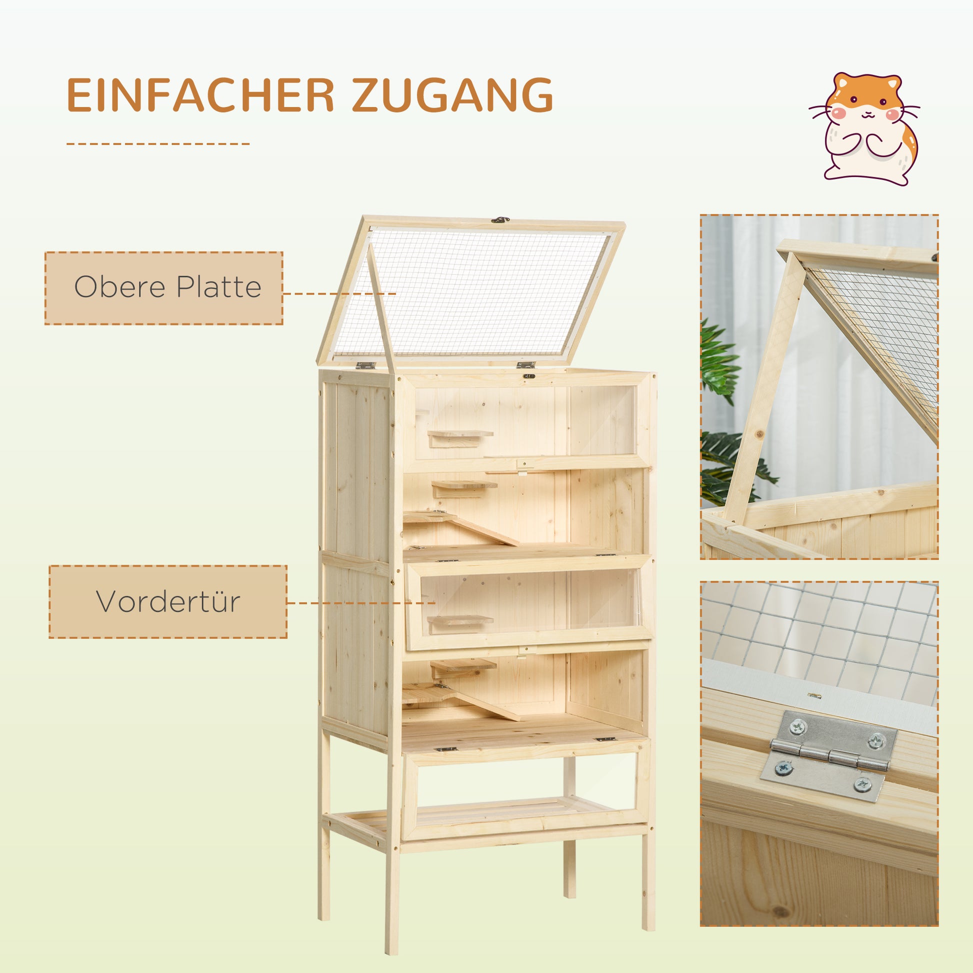 Hamster Cage made of Wood 5 Levels Rodent Terrarium Small Animal Cage with Wire Roof Ramps, Wooden Cage Mouse Cage Large Cage for Hamster Dwarf Hamster 60 x 40 x 120 cm Natural wood