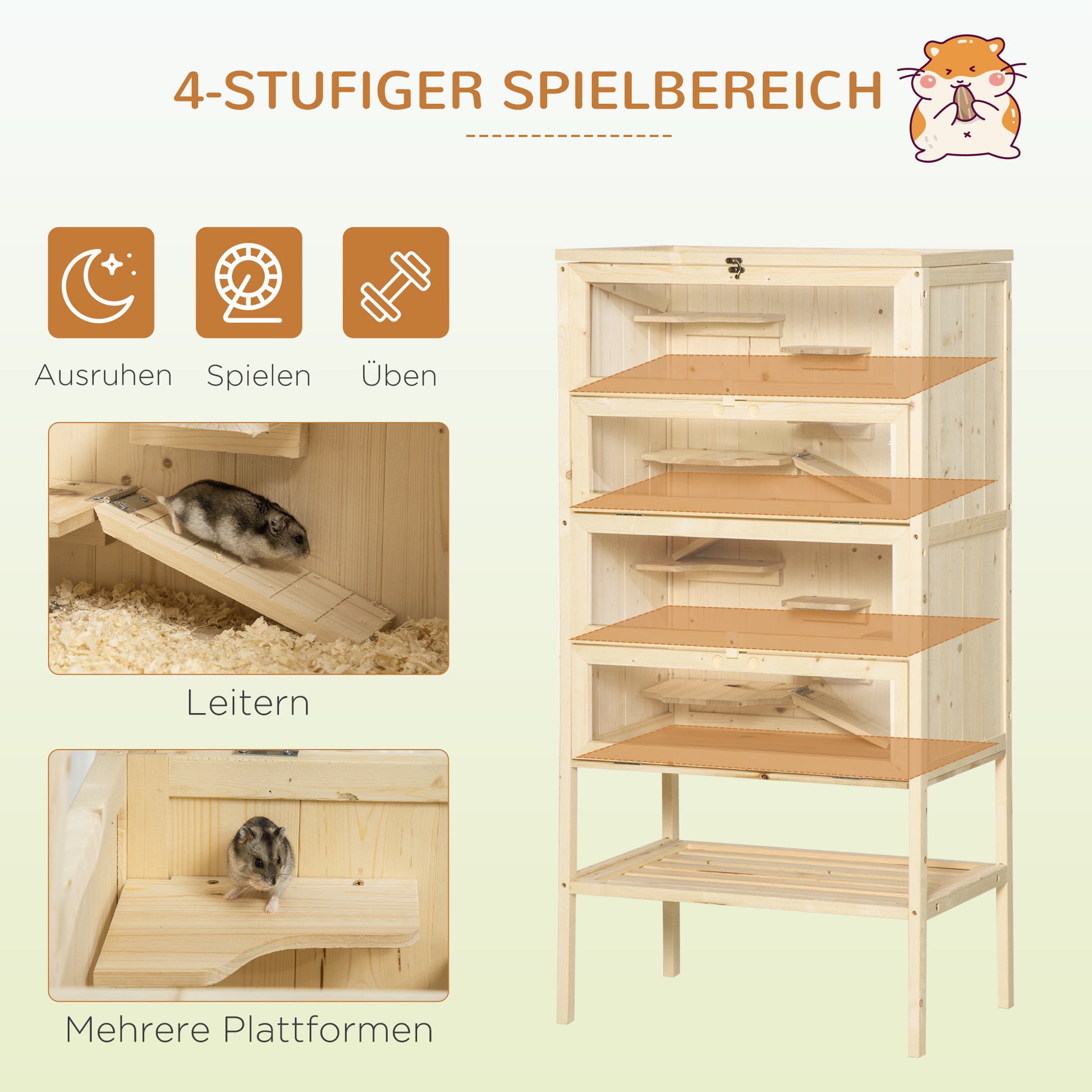 Hamster Cage made of Wood 5 Levels Rodent Terrarium Small Animal Cage with Wire Roof Ramps, Wooden Cage Mouse Cage Large Cage for Hamster Dwarf Hamster 60 x 40 x 120 cm Natural wood