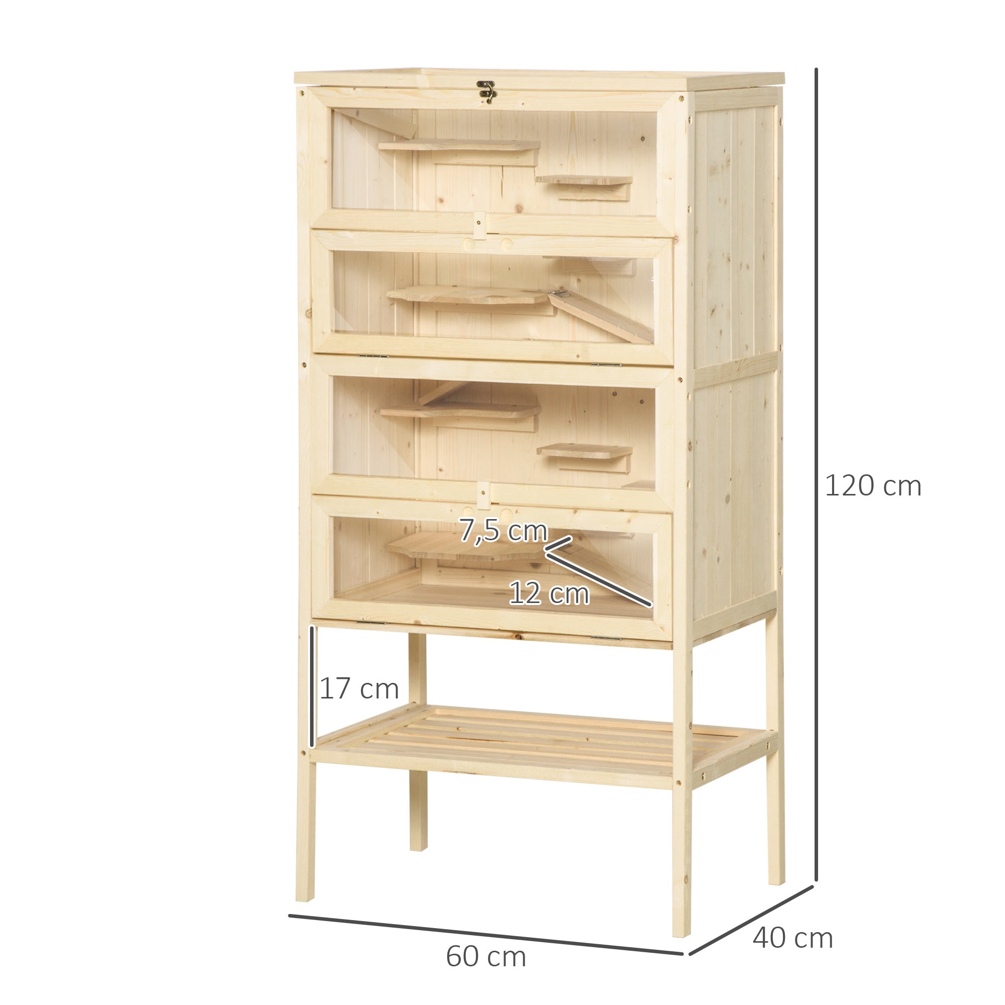Hamster Cage made of Wood 5 Levels Rodent Terrarium Small Animal Cage with Wire Roof Ramps, Wooden Cage Mouse Cage Large Cage for Hamster Dwarf Hamster 60 x 40 x 120 cm Natural wood