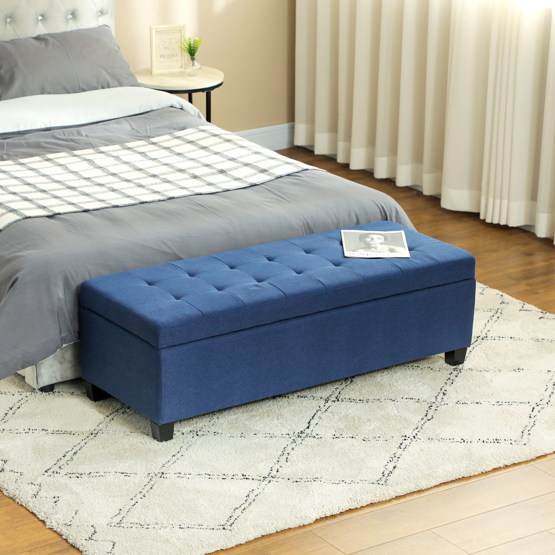 Padded Storage Bench Storage Ottoman Upholstered in Linen with Flip Top for Living Room Entryway Bedroom 120 kg Load 125x49x41.5 cm Blue