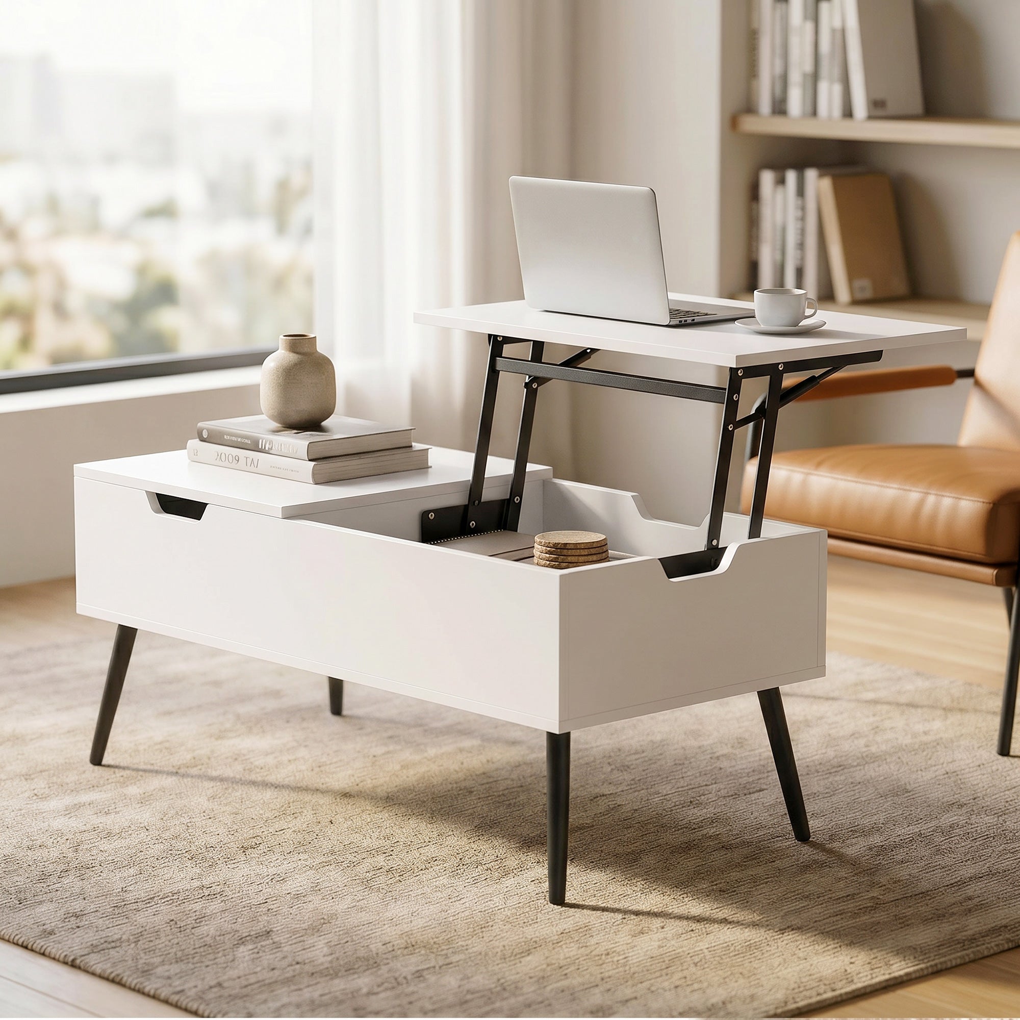 Lift-Top Coffee Table with Dual Tops & Hidden Compartment, Modern Metal-Leg Living Room Table for Home & Office — 39.4 x 19.7 x 17.2–22.8 in (100 x 50 x 43.6–58 cm), White