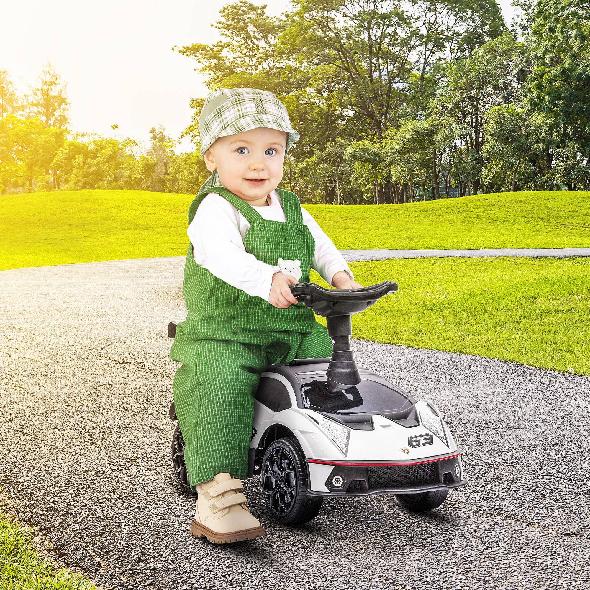 Push Car, Children's Vehicle, Ride-On Toy with Storage Space, Horn, and Engine Noise, Toy Car for Children from 12 Months, White+Black, 67 x 28 x 38 cm