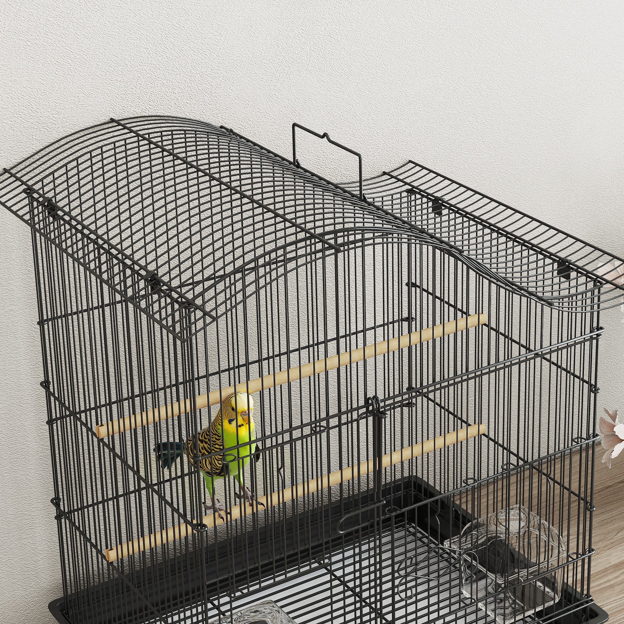 4-Access Bird Cage with 2 Bowls, 2 Perches & Removable Tray — Metal & Plastic, 18.7 x 14.2 x 21.5 in (47.5 x 36 x 54.5 cm) — Black