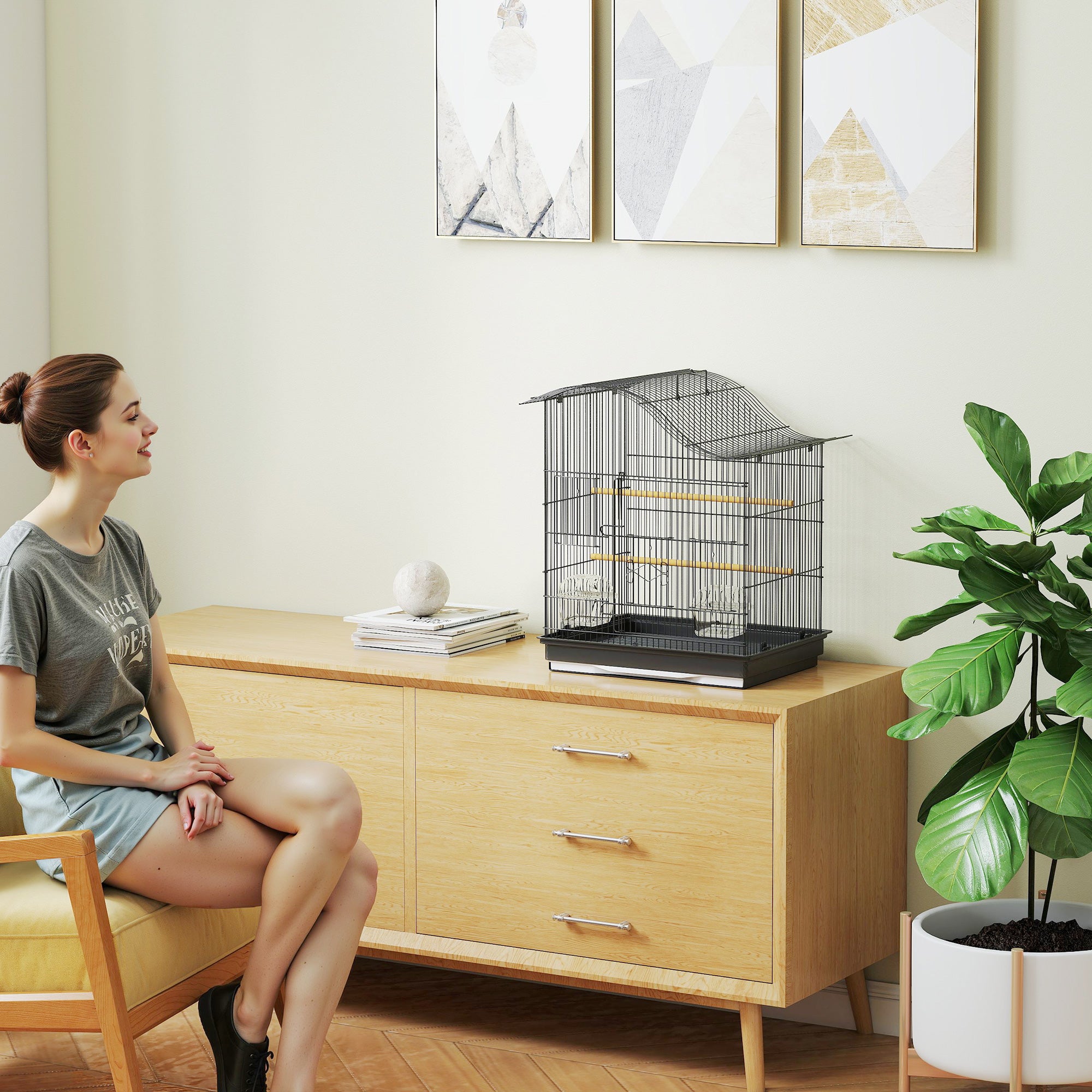 4-Access Bird Cage with 2 Bowls, 2 Perches & Removable Tray — Metal & Plastic, 18.7 x 14.2 x 21.5 in (47.5 x 36 x 54.5 cm) — Black