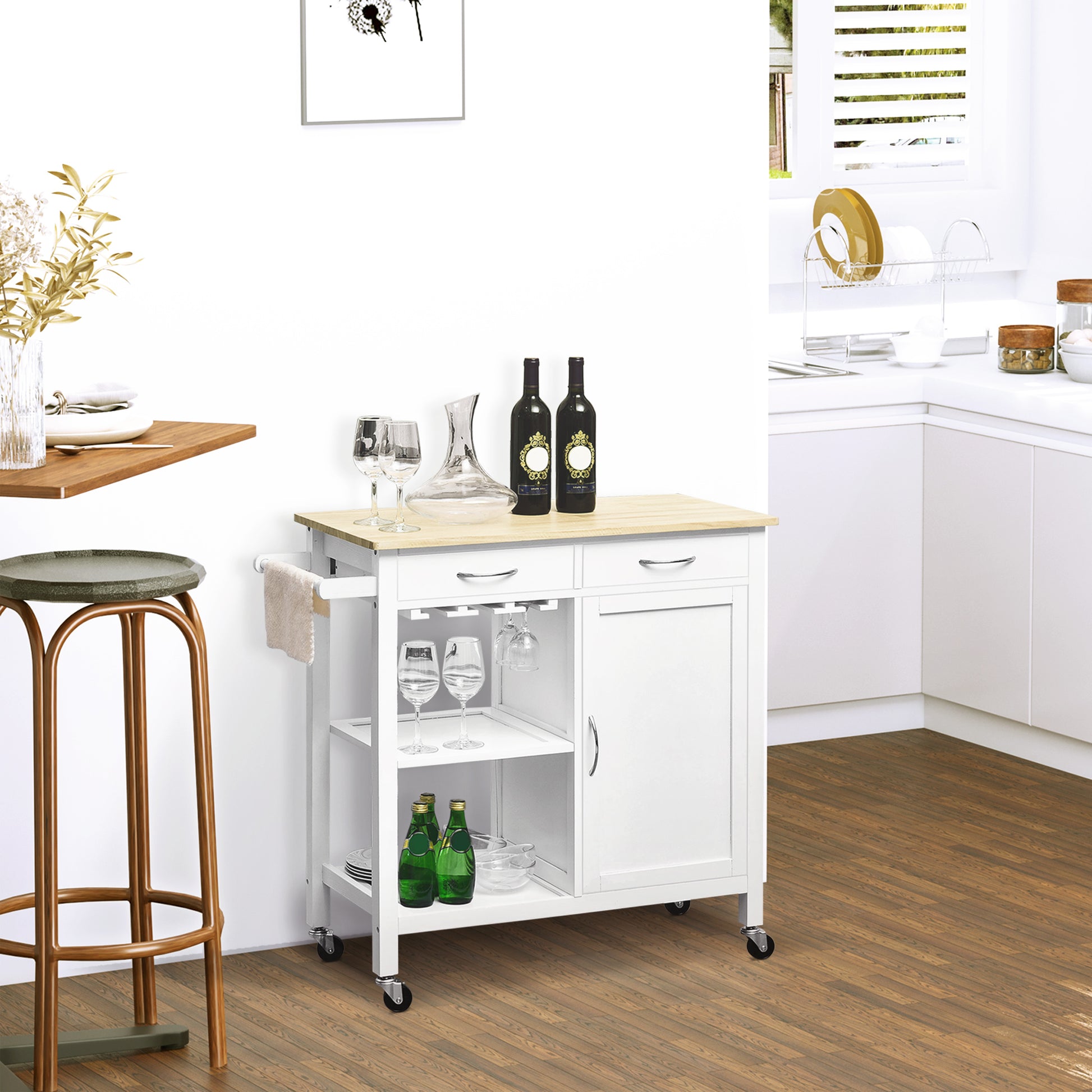 Kitchen Cart Multipurpose Serving Cart Shelving Utility Cart with Wheels for Bathroom Bedroom with Shelf Drawer Cabinet 89x40x84cm