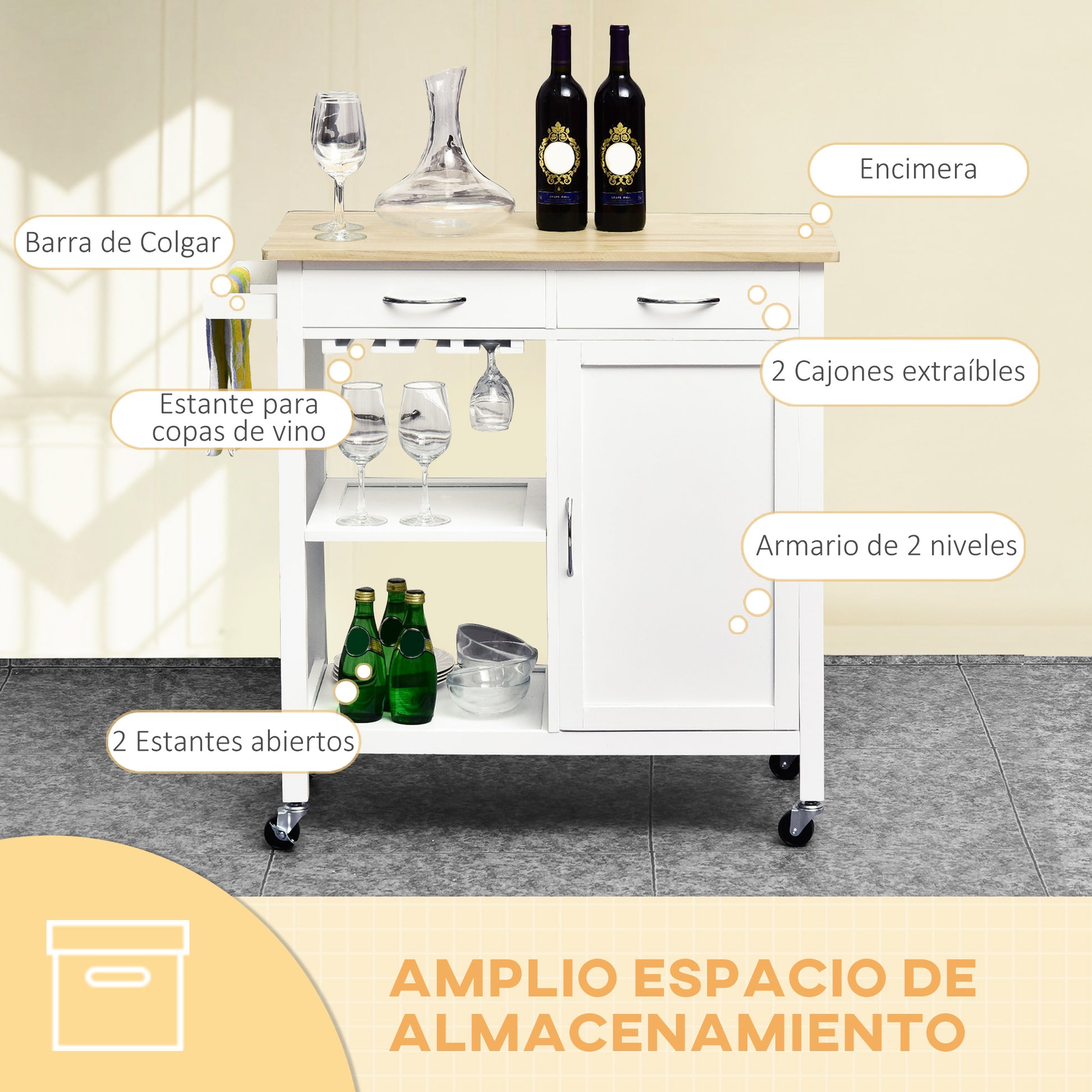 Kitchen Cart Multipurpose Serving Cart Shelving Utility Cart with Wheels for Bathroom Bedroom with Shelf Drawer Cabinet 89x40x84cm