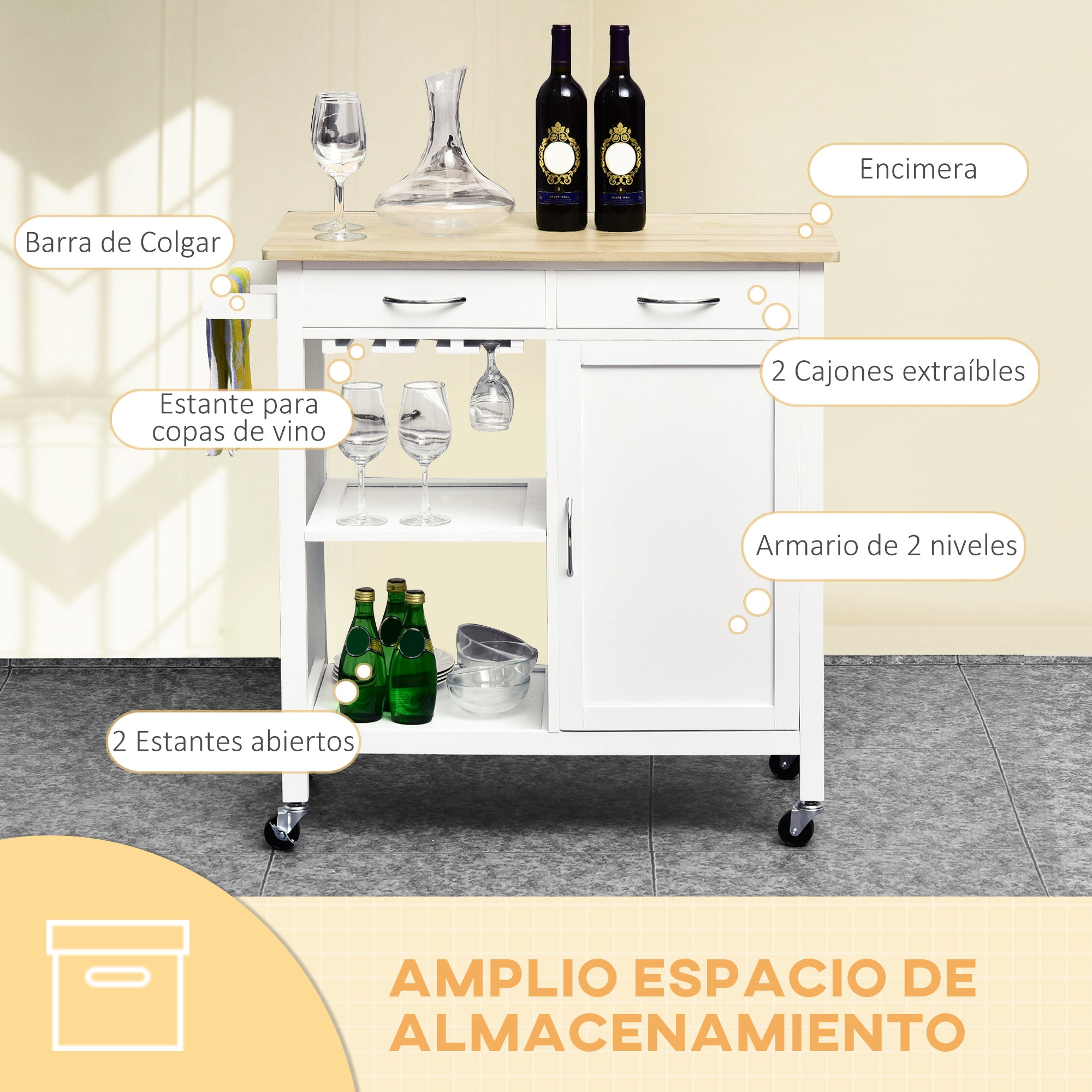 Kitchen Cart Multipurpose Serving Cart Shelving Utility Cart with Wheels for Bathroom Bedroom with Shelf Drawer Cabinet 89x40x84cm