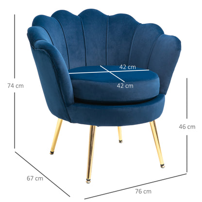 Chair Upholstered Shell-shaped Armchair with Metal Legs, Makeup Chair with Velvet Look, for Bedroom Living Room, Blue