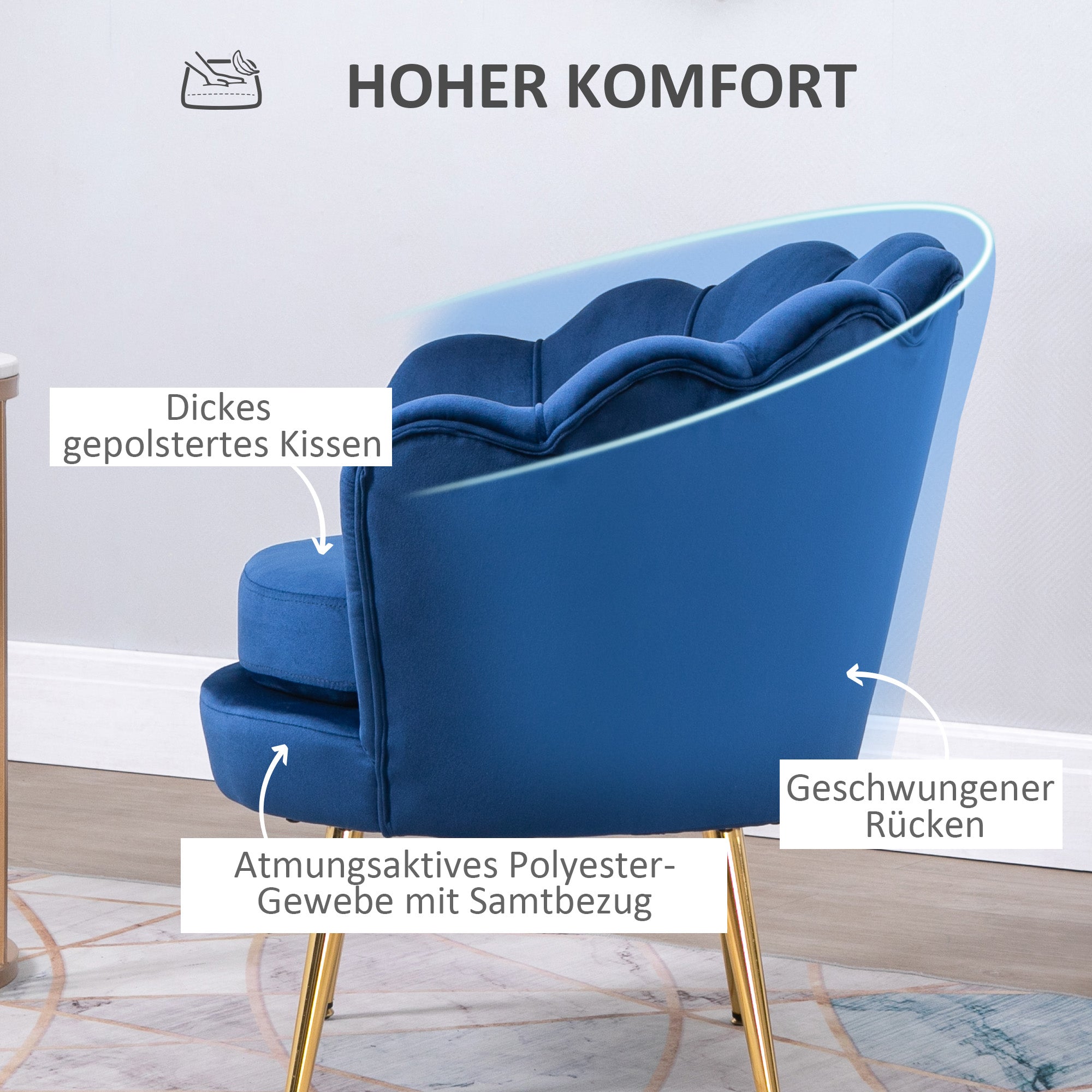 Chair Upholstered Shell-shaped Armchair with Metal Legs, Makeup Chair with Velvet Look, for Bedroom Living Room, Blue