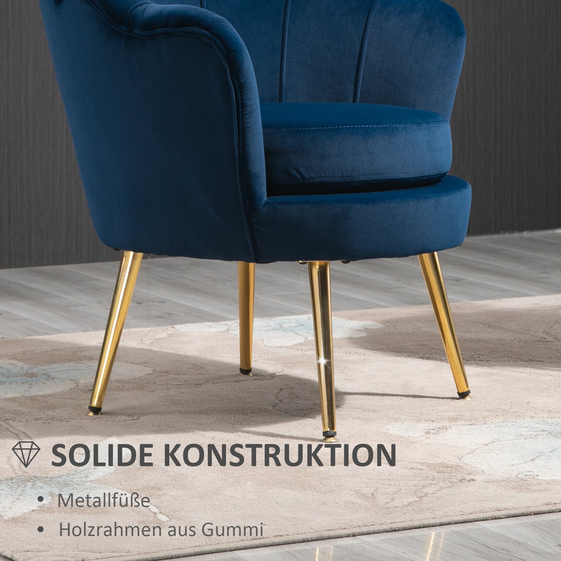 Chair Upholstered Shell-shaped Armchair with Metal Legs, Makeup Chair with Velvet Look, for Bedroom Living Room, Blue