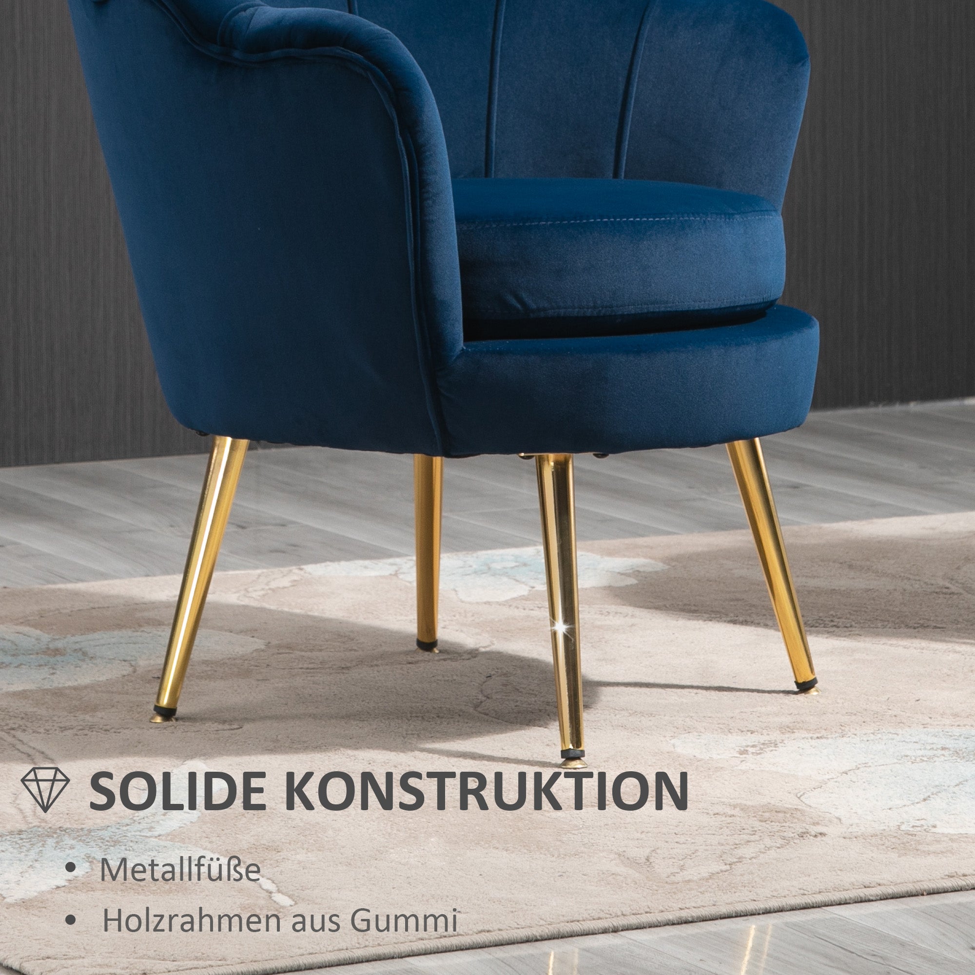 Chair Upholstered Shell-shaped Armchair with Metal Legs, Makeup Chair with Velvet Look, for Bedroom Living Room, Blue