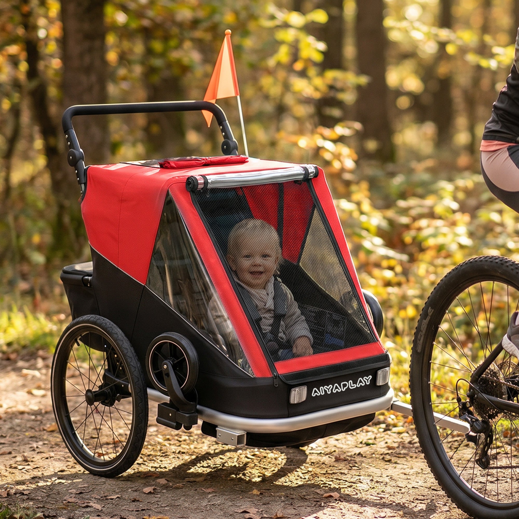 2-in-1 Bike Trailer & Stroller, 2-Seater Foldable Child Bike Trailer with 5-Point Harness and Safety Flag — for Children from 12 Months, Max 18 kg (39.7 lb)