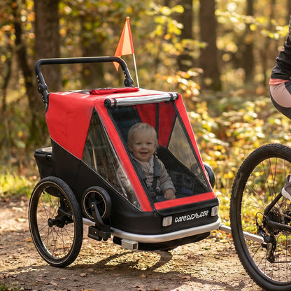 2-in-1 Bike Trailer & Stroller, 2-Seater Foldable Child Bike Trailer with 5-Point Harness and Safety Flag — for Children from 12 Months, Max 18 kg (39.7 lb)