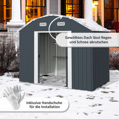 Steel Tool Shed, 2.7 m² Storage Shed with Shelf, UV Protection, Garden Cabinet with 2 Sliding Doors, Garden Shed with Foundation, 238 x 132 x 198.5 cm, Dark Gray