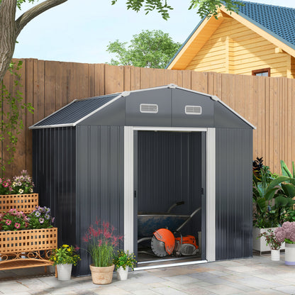 Steel Tool Shed, 2.7 m² Storage Shed with Shelf, UV Protection, Garden Cabinet with 2 Sliding Doors, Garden Shed with Foundation, 238 x 132 x 198.5 cm, Dark Gray