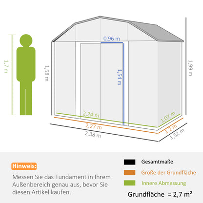 Steel Tool Shed, 2.7 m² Storage Shed with Shelf, UV Protection, Garden Cabinet with 2 Sliding Doors, Garden Shed with Foundation, 238 x 132 x 198.5 cm, Dark Gray