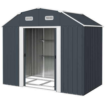 Steel Tool Shed, 2.7 m² Storage Shed with Shelf, UV Protection, Garden Cabinet with 2 Sliding Doors, Garden Shed with Foundation, 238 x 132 x 198.5 cm, Dark Gray