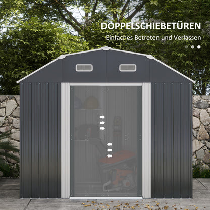 Steel Tool Shed, 2.7 m² Storage Shed with Shelf, UV Protection, Garden Cabinet with 2 Sliding Doors, Garden Shed with Foundation, 238 x 132 x 198.5 cm, Dark Gray