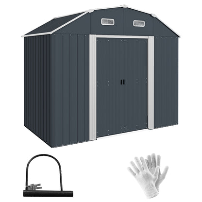 Steel Tool Shed, 2.7 m² Storage Shed with Shelf, UV Protection, Garden Cabinet with 2 Sliding Doors, Garden Shed with Foundation, 238 x 132 x 198.5 cm, Dark Gray