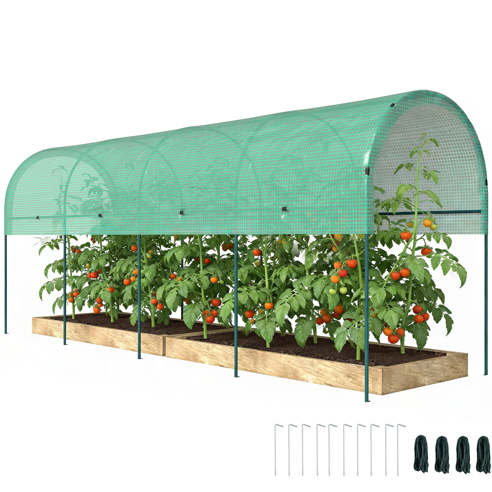 Winter Film Greenhouse with Arched Roof — Steel Frame & Ground Anchors, Slot-Together Open Tunnel, 400 x 120 x 170 cm (13.1 x 3.9 x 5.6 ft), Green