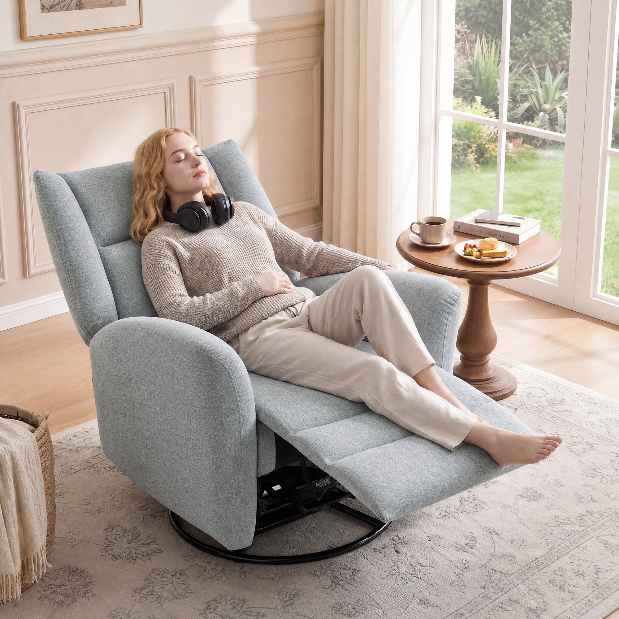 Recliner Chair with Footrest – Swivel, Rocking & 135° Recline, Wide Deep Seat, Scratch-Resistant Fabric, Light Gray