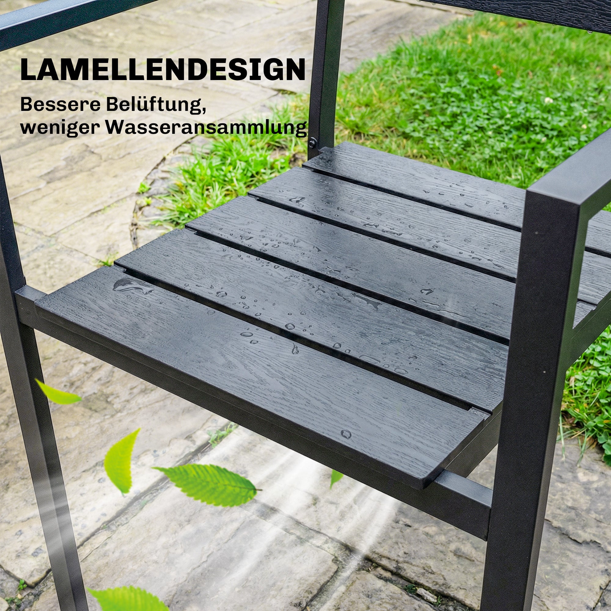 Garden Chairs – Set of 4 Stackable Patio Chairs with Slatted Design & Armrests, Weatherproof Balcony Chairs (265 lb Capacity), Black, 20.5 x 20.1 x 35.4 in