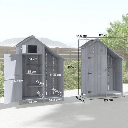 Weather-Resistant Spruce Wood Garden Storage Cabinet with Asphalt Roof and Shelves, Gray — 129 x 51.5 x 180 cm (50.8 x 20.3 x 70.9 in)