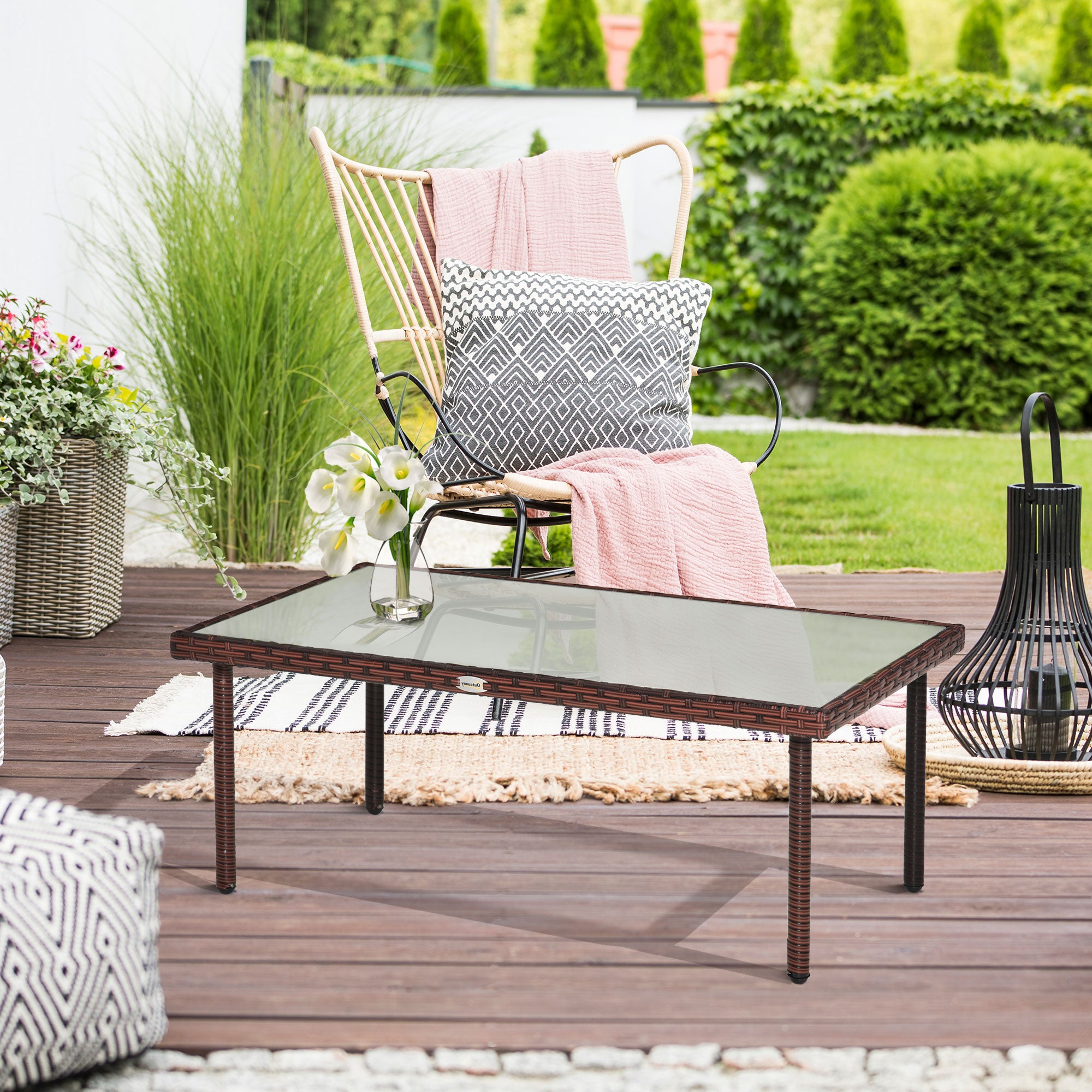 Garden Coffee Table with 5mm Tempered Glass Top Brown Resin Wicker Imitation Rattan