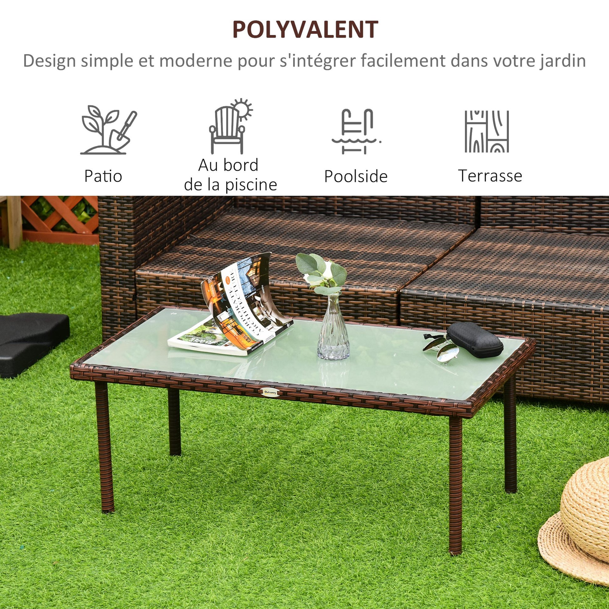 Garden Coffee Table with 5mm Tempered Glass Top Brown Resin Wicker Imitation Rattan