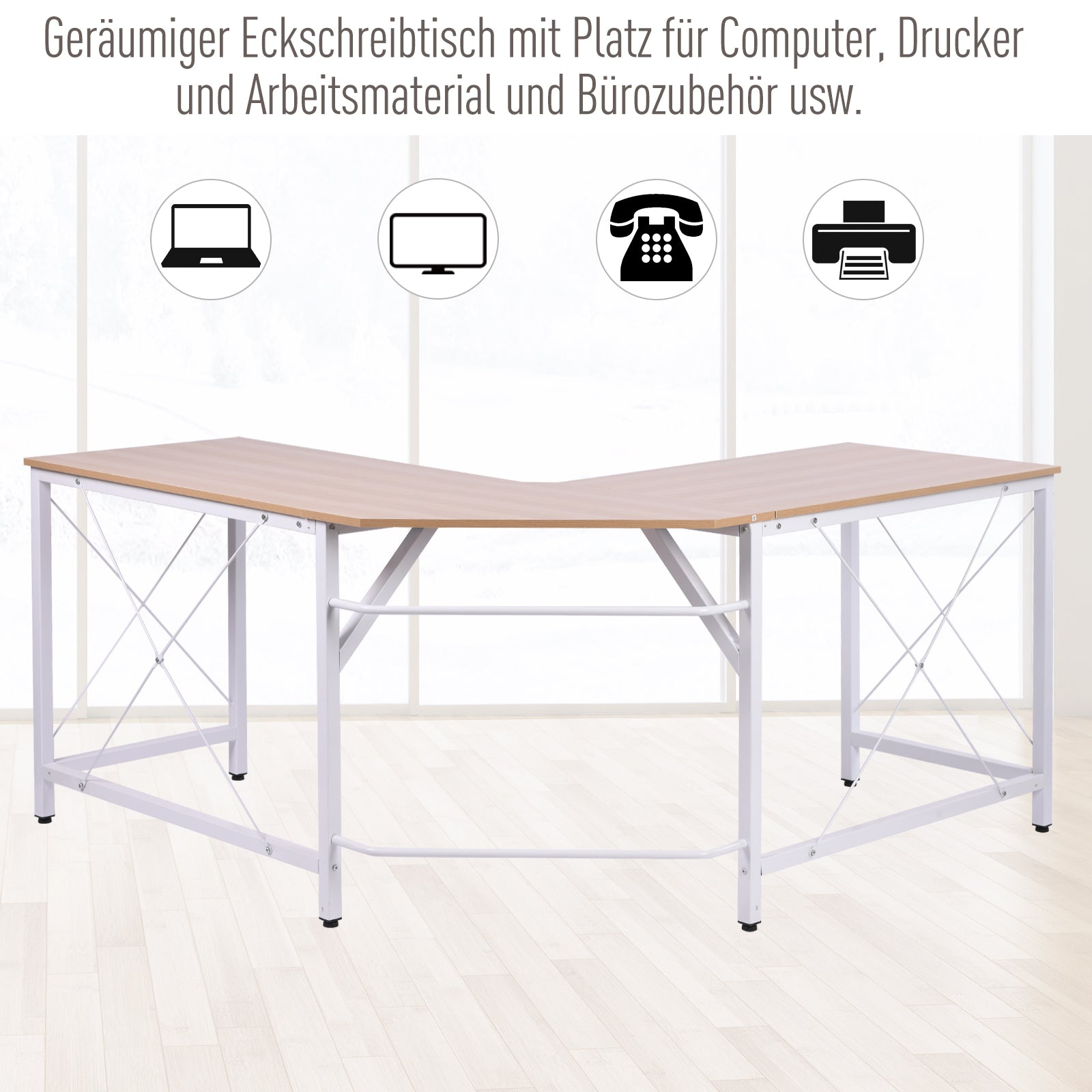 Computer Desk Office Desk L-Shape Workstation Writing Desk Corner Desk Angle Desk MDF Natural 150 x 150 x 76 cm