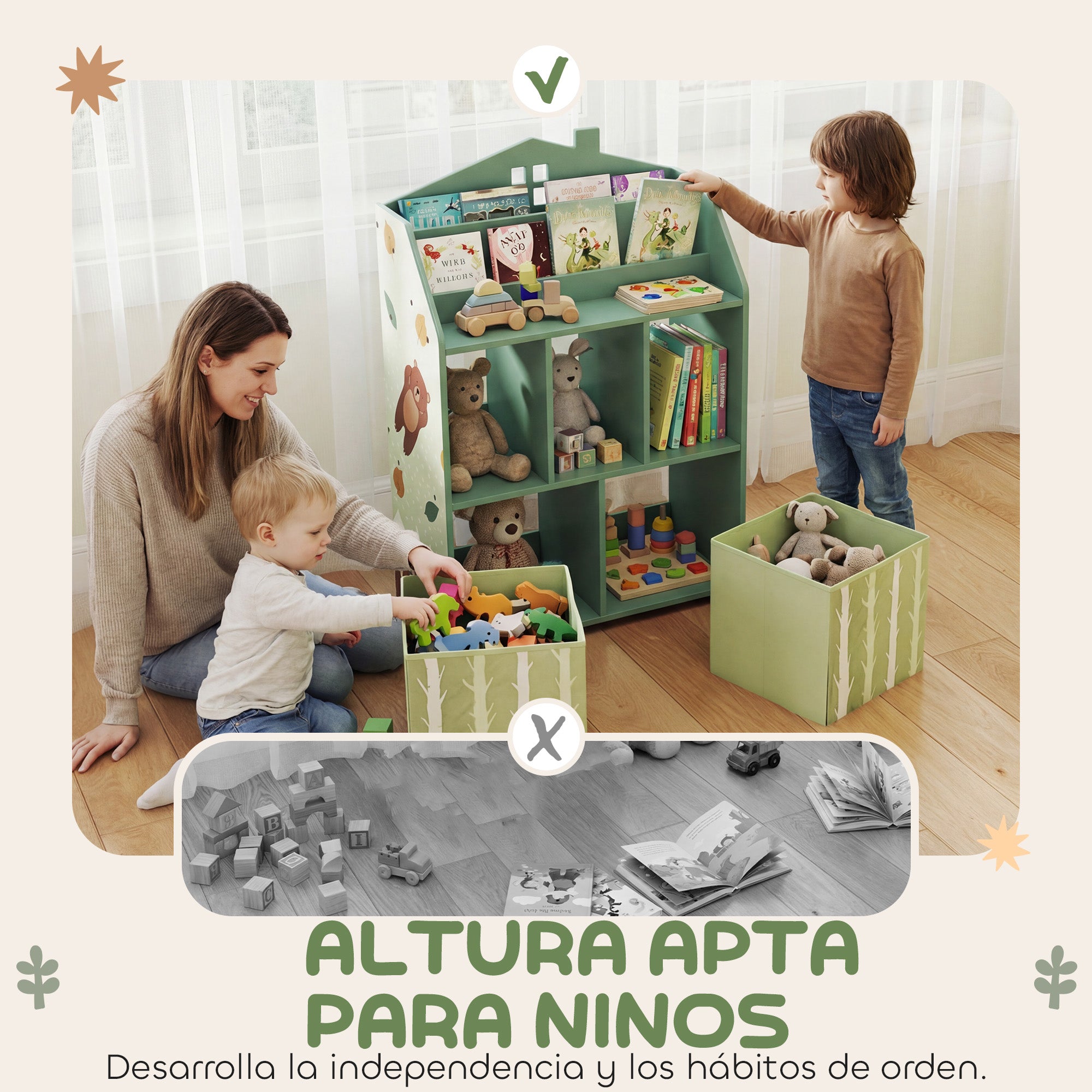 Children's Toy Shelf with Fabric Drawers, Open Shelves & Bear Design, Organizer for Bedroom, Playroom, Nursery — Green