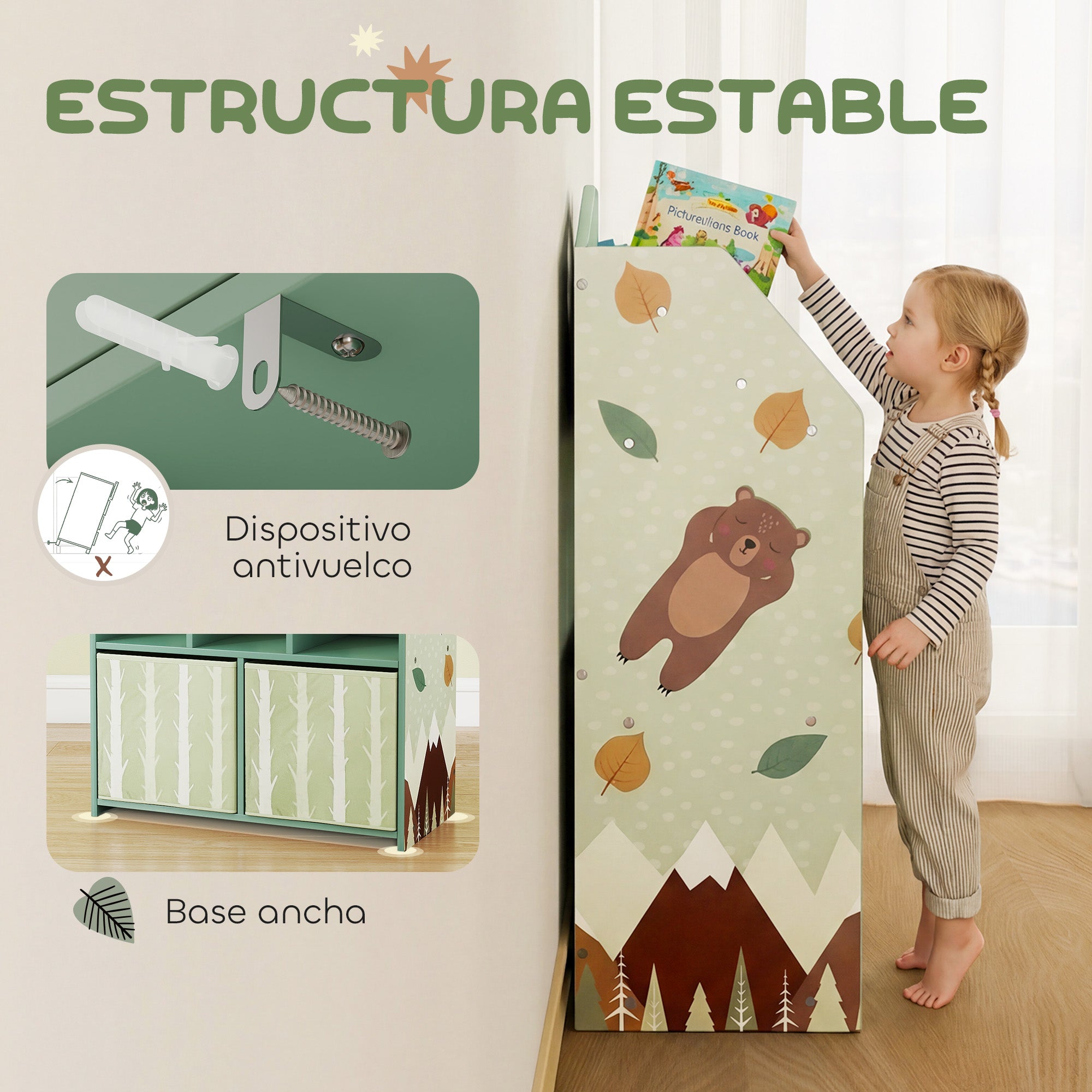 Children's Toy Shelf with Fabric Drawers, Open Shelves & Bear Design, Organizer for Bedroom, Playroom, Nursery — Green