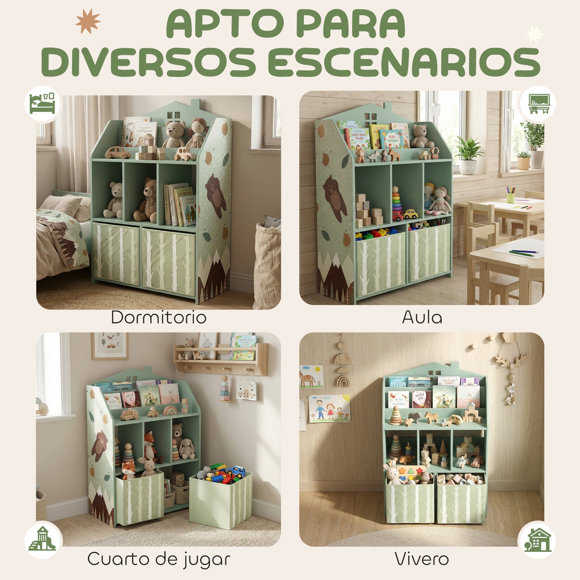 Children's Toy Shelf with Fabric Drawers, Open Shelves & Bear Design, Organizer for Bedroom, Playroom, Nursery — Green