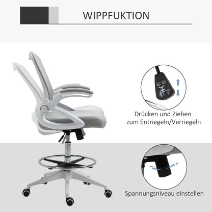 Office Chair Ergonomic Desk Chair with Foldable Armrests and Adjustable Foot Ring, Height Adjustable Swivel Chair Drafting Chair with Tilt Function, Mesh Light Grey