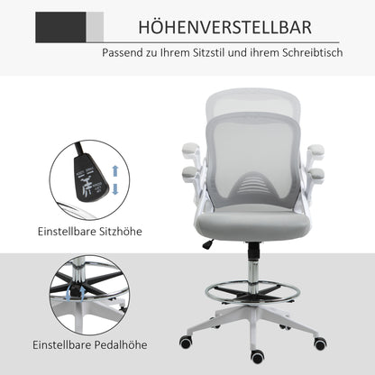 Office Chair Ergonomic Desk Chair with Foldable Armrests and Adjustable Foot Ring, Height Adjustable Swivel Chair Drafting Chair with Tilt Function, Mesh Light Grey
