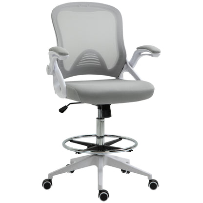 Office Chair Ergonomic Desk Chair with Foldable Armrests and Adjustable Foot Ring, Height Adjustable Swivel Chair Drafting Chair with Tilt Function, Mesh Light Grey