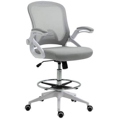 Office Chair Ergonomic Desk Chair with Foldable Armrests and Adjustable Foot Ring, Height Adjustable Swivel Chair Drafting Chair with Tilt Function, Mesh Light Grey