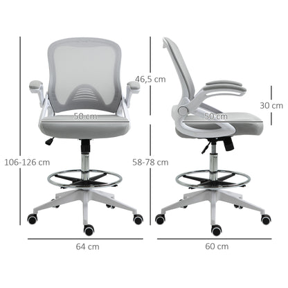 Office Chair Ergonomic Desk Chair with Foldable Armrests and Adjustable Foot Ring, Height Adjustable Swivel Chair Drafting Chair with Tilt Function, Mesh Light Grey