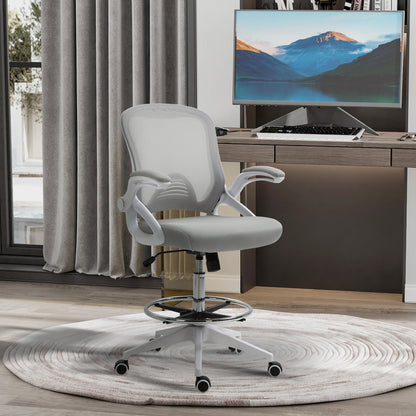 Office Chair Ergonomic Desk Chair with Foldable Armrests and Adjustable Foot Ring, Height Adjustable Swivel Chair Drafting Chair with Tilt Function, Mesh Light Grey
